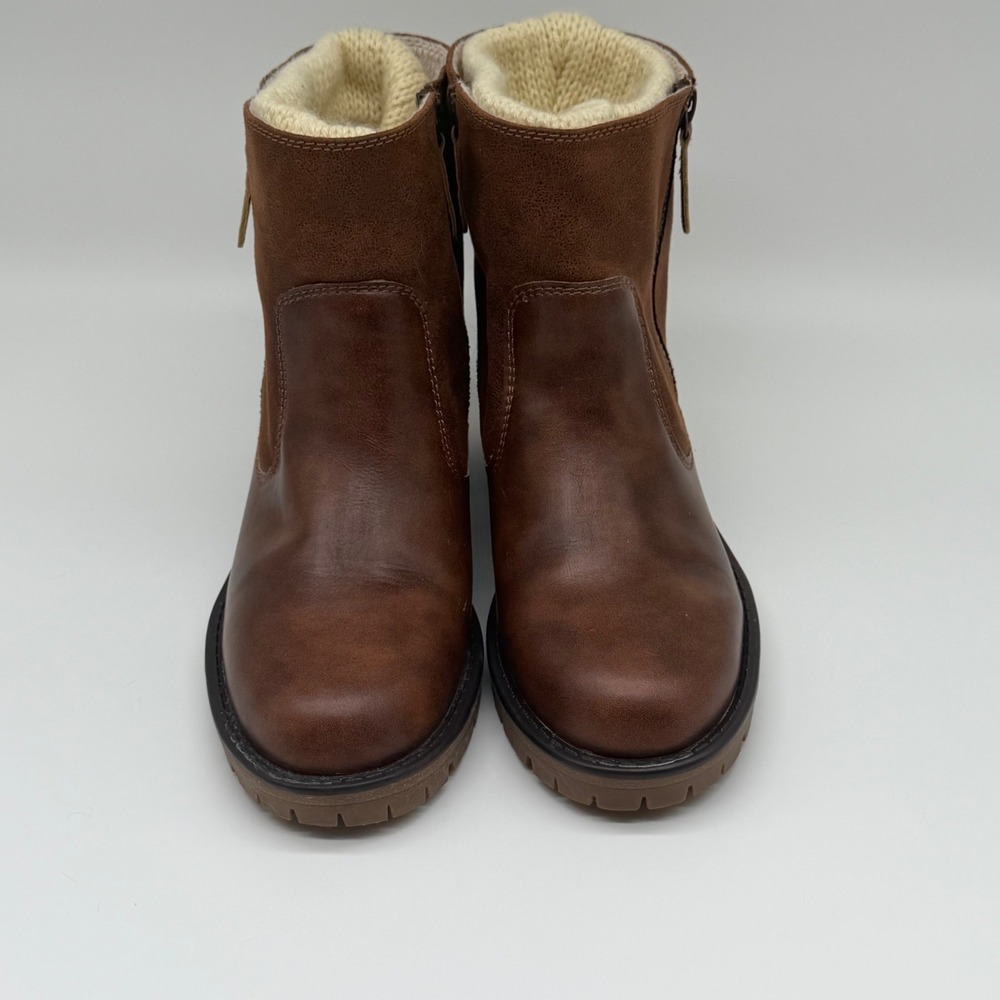 Sporto Womens Brown Ankle Boots Knit Collar Side Zip Lug Sole Block Heel Booties - Picture 3 of 7